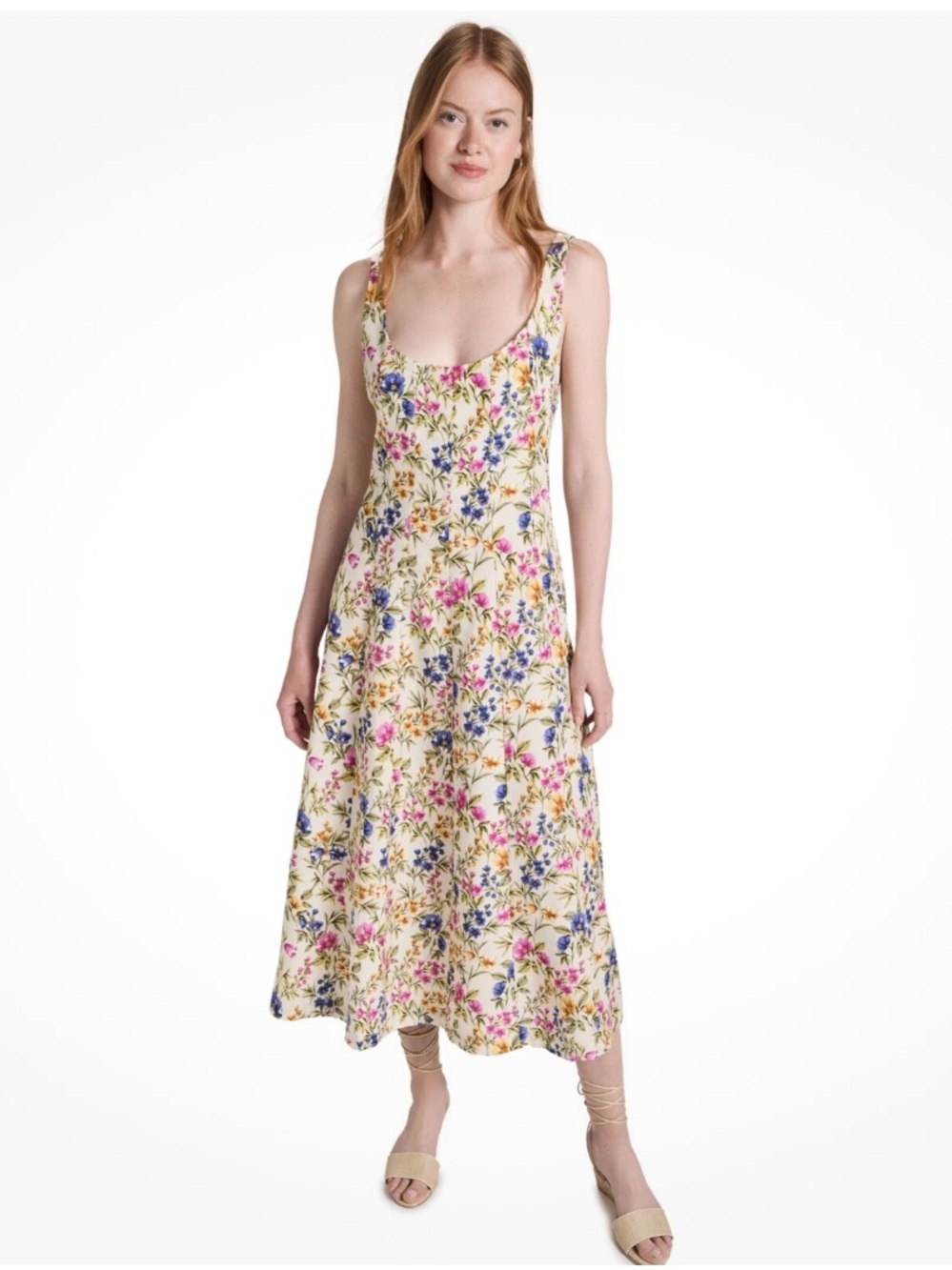 En Saison Valerie Midi Floral Linen Strap Dress — Cream Floral L